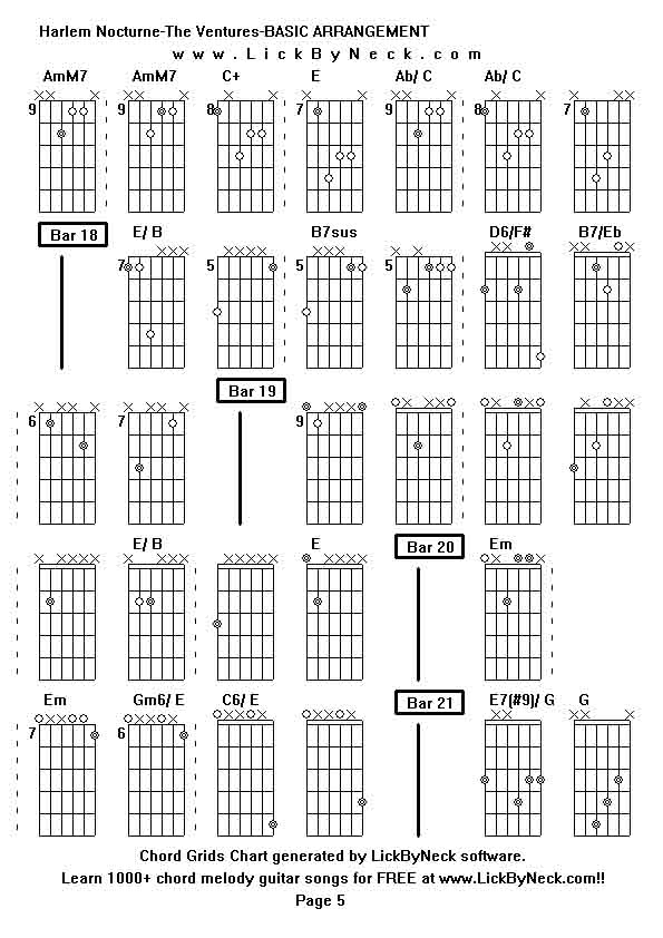 Chord Grids Chart of chord melody fingerstyle guitar song-Harlem Nocturne-The Ventures-BASIC ARRANGEMENT,generated by LickByNeck software.